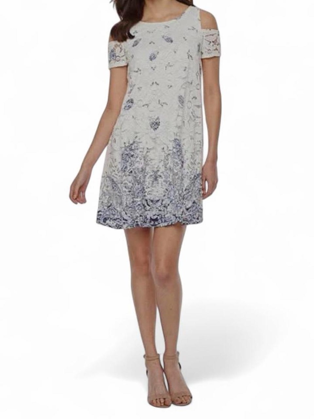 Signature by Robbie Bee white/blue floral off shoulder eyelet summer dress Sz 16